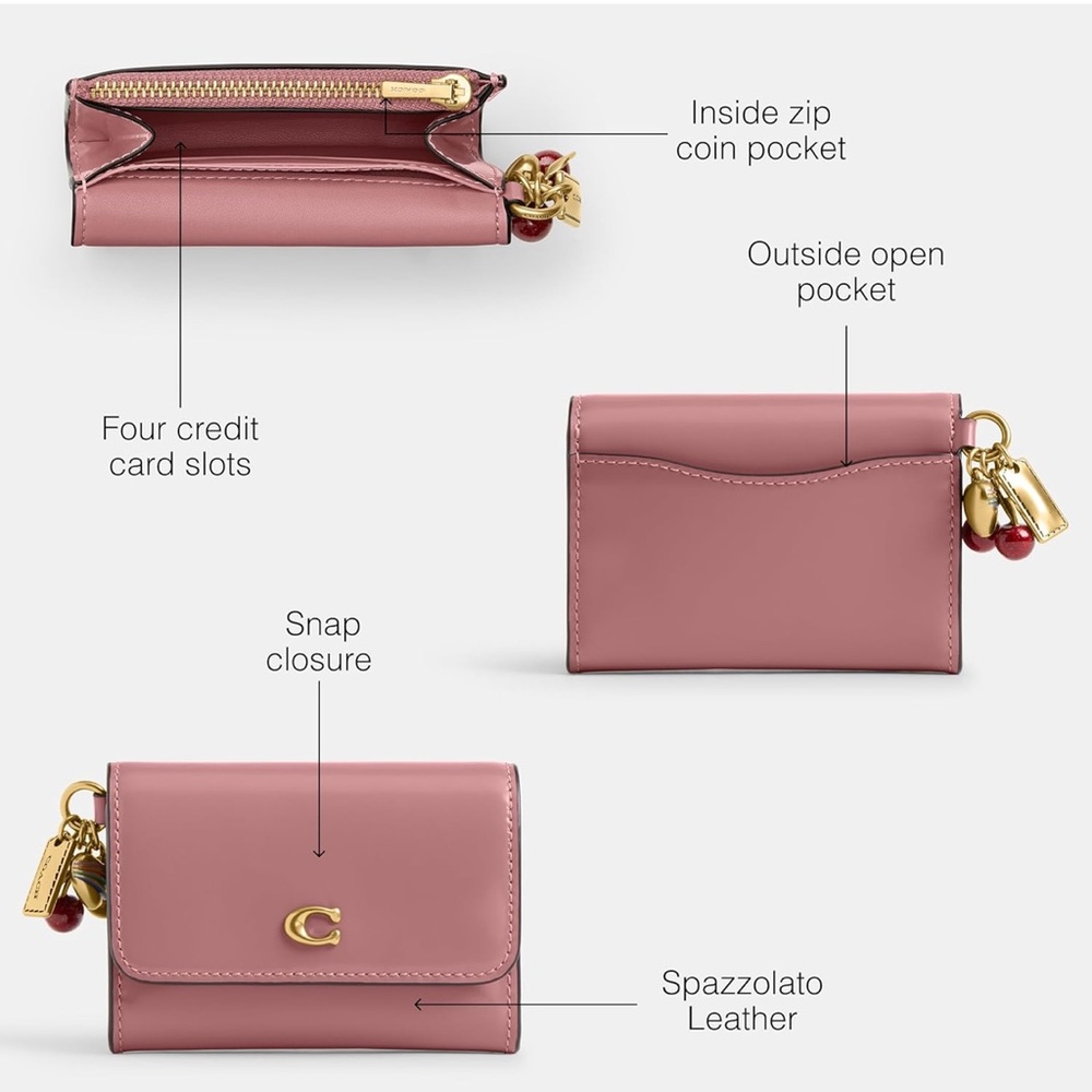 Coach Peony Pink Leather Essential Flap Card Case Wallet with Charm - New - Picture 3 of 4